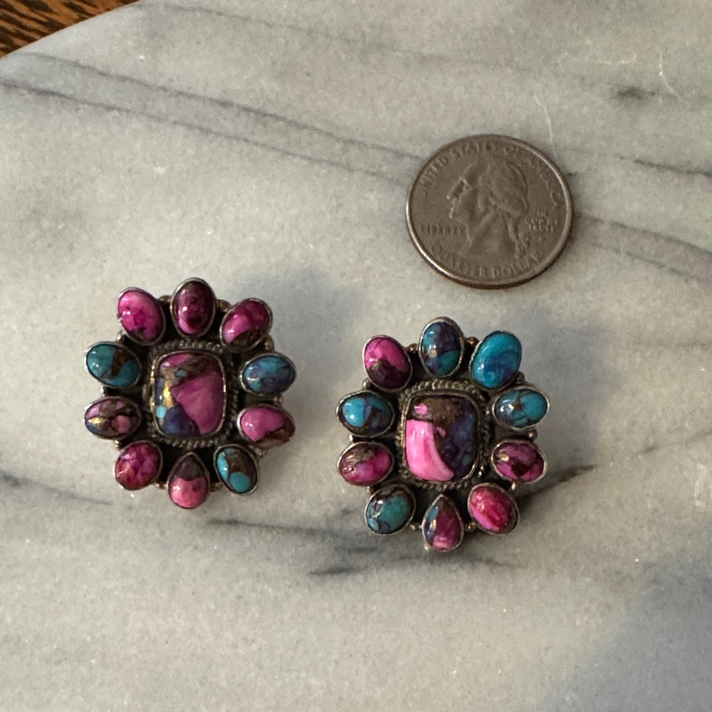 Spiny Oyster Pink and Turquoise Stone Cluster Stud Earrings